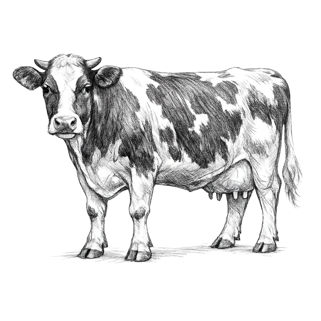 Image of a black and white pencil-drawn cow looking forward towards you